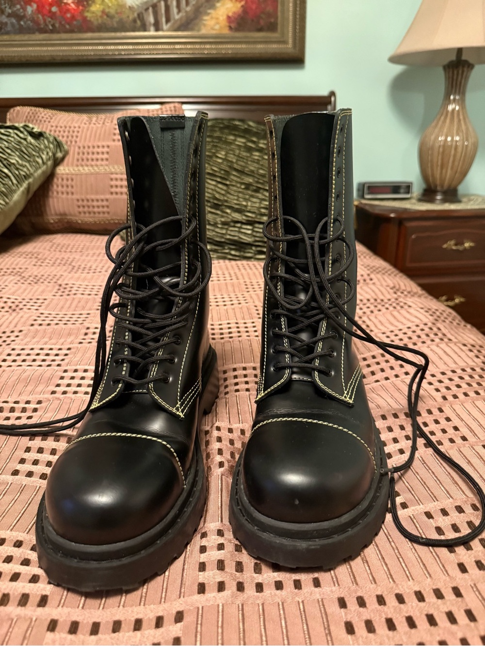 Balenciaga Black Lace-Up Combat Boots with Contrast Stitching